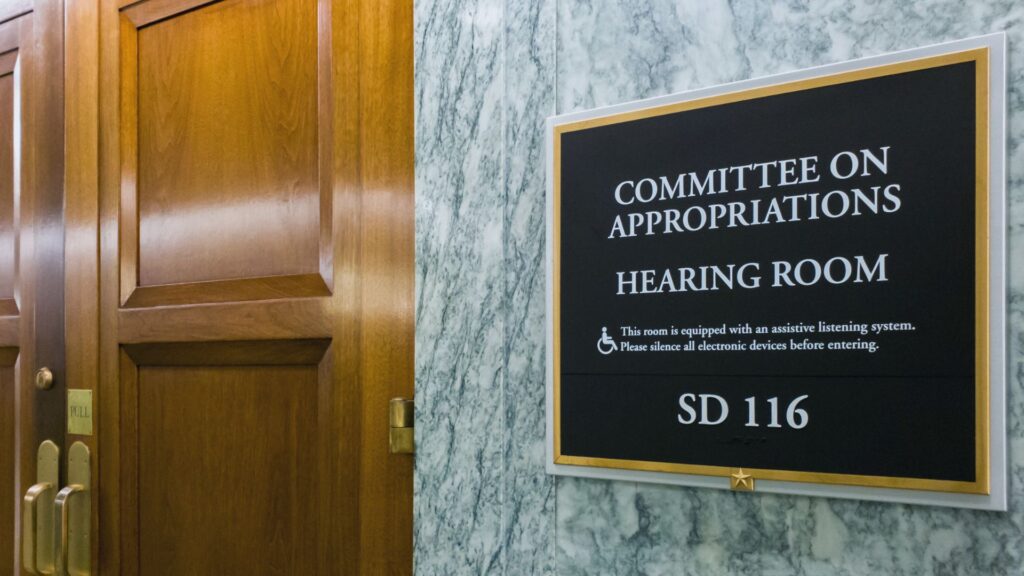 Image of hearing room sign outside of the U.S. Senate Committee on Appropriations.